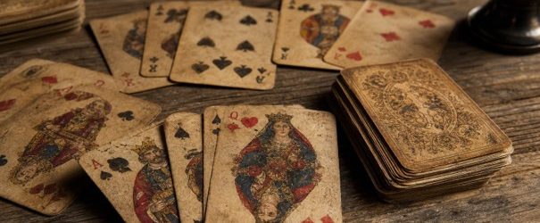 Antike Spielkarten ausgebreitet auf einem rustikalen Holztisch, warmes Licht