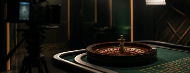 Leerer Live-Casino-Studiotisch mit Roulettekessel und Studiokamera